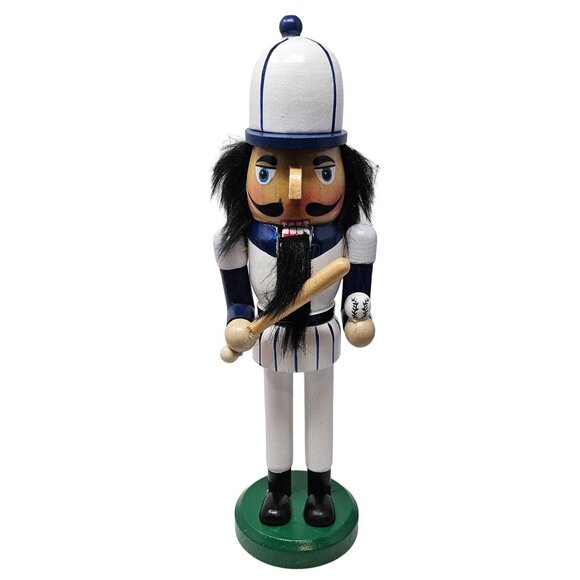 Baseball Player Blue White Uniform Bat Ball Christmas 10" Nutcracker - Picture 5 of 5